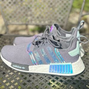 Grey and Blue Women’s Adidas NMD R1 sneakers with Swarovski Crystals. Size 7